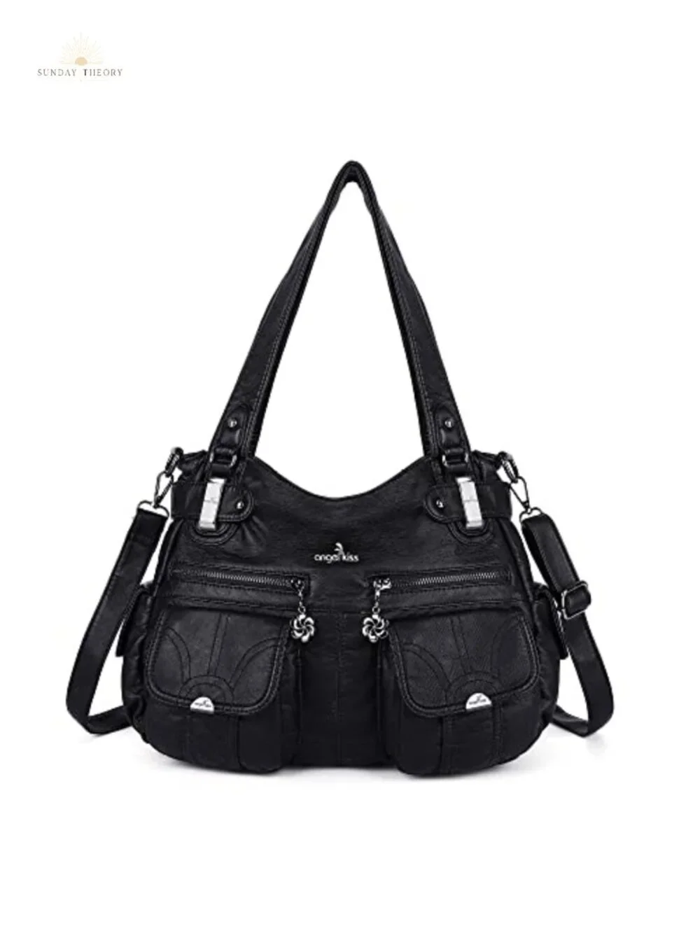 Large Washed PU Leather Satchel Handbag Double Zipper Multi Pocket